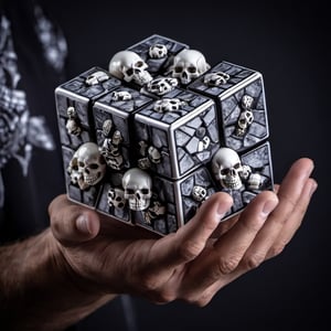 man's hand holds a Rubik's cube made with skulls, white, grey and black colours, heavy metal, hard rock, dark background, , geometric, attractive, beautiful, amazing, 3d style, ,Movie Still