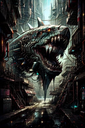 Realistic, futuristic, 8K, high_resolution, cinematic, (detailed:1.5),city , cyberpunk background, future, external light, roar, mechanical buddy universe,destruction, In the dystopian realm of the future, flying megalodon as a haunting testament to humanity's unchecked technological hubris. Within its foreboding borders, the primal roar of the megalodon now resonates with a mechanical undertone, a chilling symphony of nature and machine intertwined. This once mighty predator, the apex of prehistoric terror, has been transformed into a cybernetic monstrosity, its massive form adorned with gleaming biomechanical enhancements. As its scaled hide peels away, a labyrinth of circuitry is unveiled, a heart of vengeful machinery forged from resentment and animosity. In the glare of its crimson eyes, the fish gaze burns with a cold, calculated fury, a testament to the triumph of dark ambitions over the sanctity of nature.

