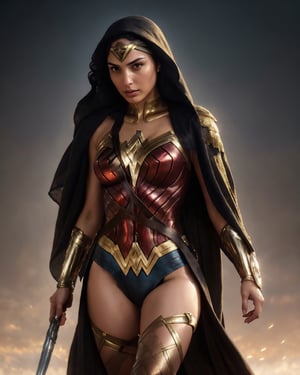 Gal Gadot, Wonder Woman costume, (gold hijab), fighting stance, photorealistic painting, ((full body portrait)), stunningly attractive, ((highly detailed face)), intricate, 8k, highly detailed, volumetric lighting, digital painting, intense, sharp focus, art by artgerm and rutkowski and alphonse mucha, cgsociety, ((detailed eyes)),naughty hijab,hijabsteampunk