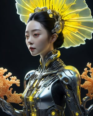 anatomically correct a bio mechanical cyborg Fan Bingbing made of glass and metal, shine, subsurface scattering, transparent, dark background, glow, bloom, coral, parasitic fungi,  Bioluminescent, white and allow yellow liquid, volumetric light, tube, 3d style,cyborg style,Movie Still,Leonardo Style