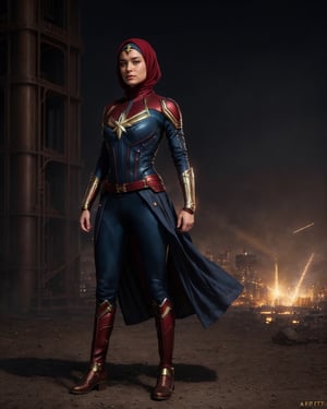 Captain Marvel, Brie Larson, Muslim, steampunk Wonder Woman costume, (hijab), full body armour and burka, fighting stance, photorealistic painting, (((full body portrait))), stunningly attractive, ((highly detailed face)), intricate, 8k, highly detailed, volumetric lighting, digital painting, intense, sharp focus, art by artgerm and rutkowski and alphonse mucha, cgsociety, ((detailed eyes)),naughty hijab,hijabsteampunk,cptMarvel,blrs woman,Brie Larson ,captain_comics