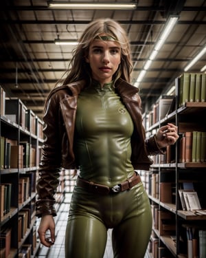 Emma Roberts as Rogue, in university library, petite, legs spread wide open, from below, tight green outfit and brown leather jacket, skinny, cameltoe, looking at camera, sexy, seductive sexy, photorealistic painting, ((full body portrait)), stunningly attractive, ((highly detailed face)), intricate, 8k, highly detailed, volumetric lighting, digital painting, intense, sharp focus, art by artgerm and rutkowski and alphonse mucha, cgsociety, ((detailed eyes)),CARTOON_X_MENs_Rogue,emma verde,3m4,ownwaifu,CAMETOE,cameltoe