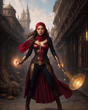 Elizabeth Olsen, Scarlet Witch, Muslim, steampunk Red costume, flying in the air, (hijab), full body armour and burka, fighting stance, photorealistic painting, (((full body portrait))), stunningly attractive, ((highly detailed face)), intricate, 8k, highly detailed, volumetric lighting, digital painting, intense, sharp focus, art by artgerm and rutkowski and alphonse mucha, cgsociety, ((detailed eyes)),naughty hijab,hijabsteampunk,sks woman,Maximoff