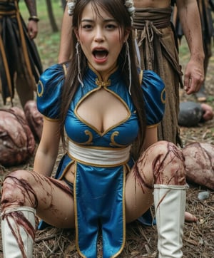 1girl, wide angle photo, full body portrait, Chun Li hairstyle, wearing Chun Li costume, (wearing blue qipao, an early-20th-century Chinese dress, with golden accents, puffy sleeves, and a white waistband), brown legging, white tall combat boots, screaming in agony, horrified, hand tied behind her back to a pole, her body mutilated and bloody, mutilated corpses lying around her, bloody face and body, sitting defeated on the ground, a group of cannibals are cooking human body in a cauldron in the background