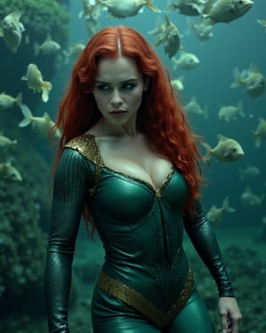 ((Emilia Clarke)),((in Mera costume)),long red hair,(from below),sinister, angry, strong muscular woman,RAW photo,(wide effect:1.2), (a photo of 20y.o. woman:1.3), (pale skin:1.2), (abs:1.1), dim lit, (high detailed pale skin, detailed eyes:1.1), 8k uhd, dslr, soft lighting, intricate details, best quality, film grain, Fujifilm XT3, analog style, instagram, tik tok, (curvy:1.2), (Pin up Girl style:1.2), (long red hair:1.1),(makeup:0.1), (as Mera in Aquaman:1.2), (tight green Mera costume), full body view,(floating in the deep sea, surrounded by many fishes),angry face,(((curvy)))