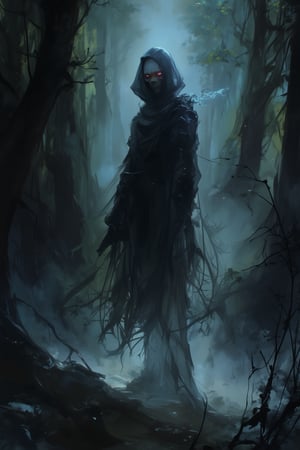 Concept Art of an original character inspired by the combination of Pass without Trace and Passwall, featuring an agile figure cloaked in shadowy fabrics. The character is depicted in a dynamic pose, with an ethereal aura surrounding them, hinting at their ability to move silently and phase through walls. The background is a mystical forest with glowing runes and ancient trees, enhancing the magical atmosphere. Close-up shot focusing on intricate details of the cloak and unique accessories.