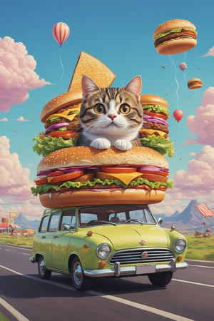 Artistic Image prompt structure:
"A digital illustration portraying a cute and whimsical cat driving a burger-shaped vehicle. The cat is depicted with big, expressive eyes and a playful expression, while the vehicle is designed with bright colors, burger-themed patterns, and adorable cat-themed accessories. The background consists of a vibrant and fantastical landscape, with floating burger clouds and colorful food-themed elements. The art style is influenced by cute and kawaii aesthetics, with a combination of bold lines and soft pastel colors. The camera angle is a front view shot, capturing the cat's adorable expression and the charming details of the vehicle. The image should have a high level of detail and a resolution of 4K, showcasing the intricate details of the cat, the vehicle, and the whimsical elements of the background."

Type of Image: Digital illustration
Subject Description: Cute cat driving a burger-shaped vehicle
Art Styles: Cute, kawaii aesthetics
Art Inspirations: Cats, vibrant and whimsical designs
Camera: Front view shot
Shot: Fantastical landscape with floating burger clouds and colorful food-themed elements
Render Related Information: Soft pastel colors, combination of bold lines, 4K resolution
