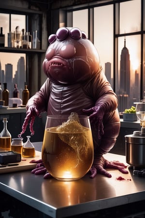 a huge blobby flesh creature grows out of control in a grungy science lab, horror movie scene, a man in a hazmat suit 5 5 mm photo of little wine - glass on a zen minimalist table with gold new york city skyline in the background. highly detailed 8 k. intricate. lifelike. warm soft light. nikon d 8 5 0.