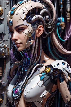 Full body front view of a beautiful biomechanical  goddess, flowing hair, intense stare, sweet smile, concept art, intricate detail, volumetric shadows and lighting, psychedelic colors, realistic oil painting by gustave dore, movie still, professional photography, 8 k complex 3d render ultra detailed of a beautiful porcelain profile woman android face, full body, sitting, cyborg, robotic parts, 150 mm, beautiful studio soft light, rim light, vibrant details, luxurious cyberpunk, lace, hyperrealistic, anatomical, facial muscles, cable electric wires, microchip, elegant, beautiful background, octane render, H. R. Giger style, 8k, best quality, masterpiece, illustration, an extremely delicate and beautiful, extremely detailed ,CG ,unity ,wallpaper, (realistic, photo-realistic:1.37),Amazing, finely detail, masterpiece,best quality,official art, extremely detailed CG unity 8k wallpaper, absurdres, incredibly absurdres, robot, silver halmet,