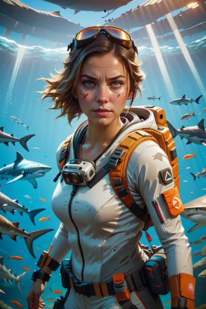 shark as an apex legends character digital illustration portrait design by, mark brooks and brooke shaden detailed, gorgeous lighting, wide angle action dynamic portrait color medium shot portrait of beautiful well-groomed Brazilian 26-year-old woman model, candid street portrait in the style of David Lazar award winning, Sony a7R