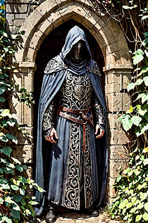 Character Concept of a shadowy guardian inspired by Pass without Trace, depicted standing protectively in front of a hidden entrance. The guardian's features are obscured by a hood, and their cloak is adorned with ancient symbols. The environment is a crumbling ruin overtaken by nature, with vines and foliage sprawling across the stone. Captured from a low angle to emphasize the guardian's imposing presence.