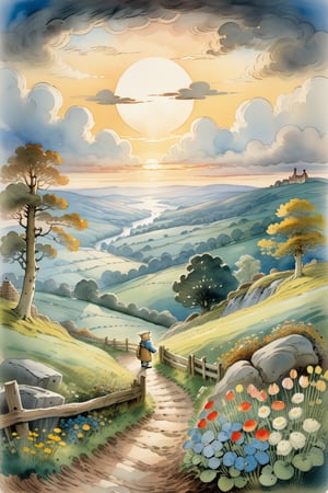 transitioning from day to night, surrounded by light clouds, landscape, illustrated by peggy fortnum and beatrix potter and sir john tenniel the wise and innocent vision of a human child