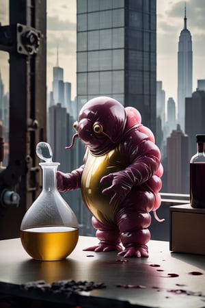 a huge blobby flesh creature grows out of control in a grungy science lab, horror movie scene, a man in a hazmat suit 5 5 mm photo of little wine - glass on a zen minimalist table with gold new york city skyline in the background. highly detailed 8 k. intricate. lifelike. warm soft light. nikon d 8 5 0.
