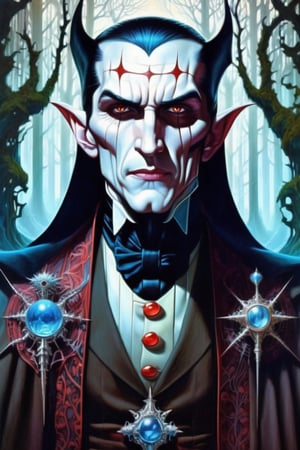 realistic extremely detailed portrait painting of an elegantly creepy vampire man dressed as dracula, futuristic sci-fi forest on background by Jean Delville, Amano, Yves Tanguy, Alphonse Mucha, Ernst Haeckel, Edward Robert Hughes, Roger Dean, rich moody colours, blue eyes sonic in frozen movie