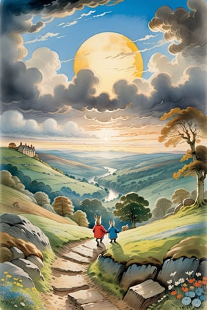 transitioning from day to night, surrounded by light clouds, landscape, illustrated by peggy fortnum and beatrix potter and sir john tenniel the wise and innocent vision of a human child