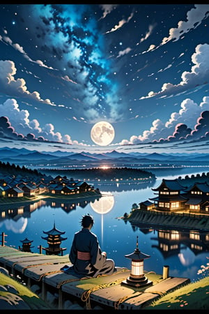 by gerhard munthe tired, ghastly. a beautiful drawing featuring a night sky filled with stars, & a small town in the distance. the drawing is very peaceful & calming 8 k uhd, hashirama senju vs madara uchiha 3 2 feet statue, river, mount, historical place, pilgrims, offerings, visitor, priest, photorealistic, highly details content
