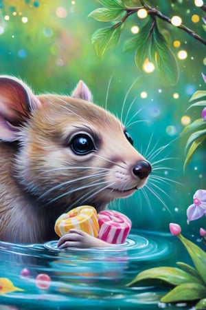 close up photo of an australian swamp rat, drinking water from a lake in tasmania, bokeh, 4 0 0 mm lens, 4 k award winning nature photography a jeremiah ketner and lisa frank acrylic impasto!! painting of an adorable and cute bear eating candy