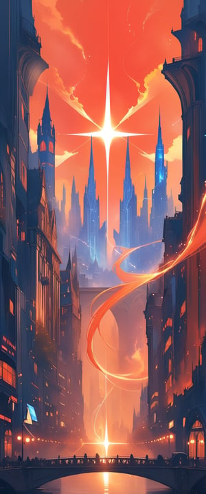 Fantasy Digital Art of Izzet Signet, a futuristic and intricate design featuring the portrait of Niv-Mizzet in a holographic display. The signet gleams with electric blue and fiery red accents, symbolizing the power of the Izzet guild. The background showcases a bustling cityscape of towering spires and arcing energy bridges, reflecting the guild's technological prowess. The signet hovers in mid-air, emitting sparks of magical energy that crackle with potential. --s 1000
