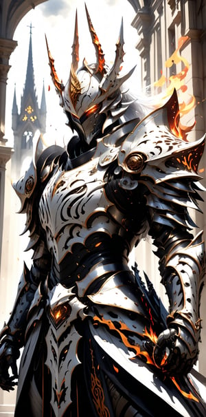 Concept art of an Ulcerate knight standing amidst swirling shadows, gripping the Unrefined Fireblast weapon with a firm, gauntleted hand. The knight's armor is etched with cursed symbols, and his eyes blaze with an otherworldly light. The weapon itself is a fusion of metal and fire, exuding a raw and untamed energy. The background is a nightmarish realm of twisted spires and ominous clouds, enhancing the knight's sinister presence. --s 1000