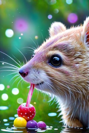 close up photo of an australian swamp rat, drinking water from a lake in tasmania, bokeh, 4 0 0 mm lens, 4 k award winning nature photography a jeremiah ketner and lisa frank acrylic impasto!! painting of an adorable and cute bear eating candy