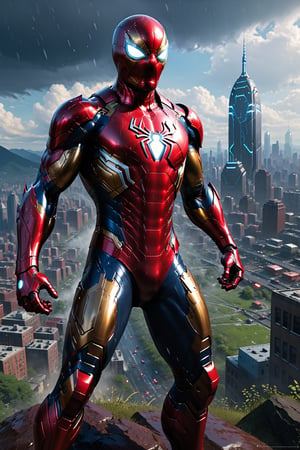 Spider-Man with Iron Man-style armor, Marvel Iron Man mixed with Spider-Man, dark, cyberpunk city, raining, right hands, ultra realistic, Unreal Engine 5, dark, ultra quality, gorgeous, beautiful, imposing pose, right hand with a cannon and plasma --auto --s2
a highly detailed matte painting of a man on a hill watching a giant alien monster, by makoto shinkai, by artgerm, by wlop, by greg rutkowski, volumetric lighting, octane render, 4k resolution, trending on artstation, masterpiece