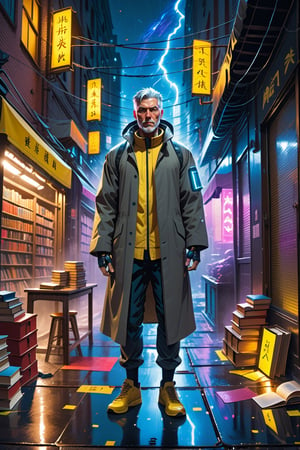 Shoes, sneakers, an alley inside a city from ghost in the shell, night time, neon lights, rain, busy, traffic masterpiece, best quality, ultradetailed, intricate detail, bold strokes, thick application, light, pagan, gorgeous magician, tall man with wand, books, magic light, spells, strange medieval outfit, library, blue lights and sparks, SGI effects, yellow lightning, gray-haired, alchemistry, constellation