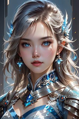 translucent iridescence a close up of a woman in a silver and blue dress, chengwei pan on artstation, by Yang J, detailed fantasy art, stunning character art, fanart best artstation, epic exquisite character art, beautiful armor, extremely detailed artgerm, detailed digital anime art, artgerm on artstation pixiv, armor girl