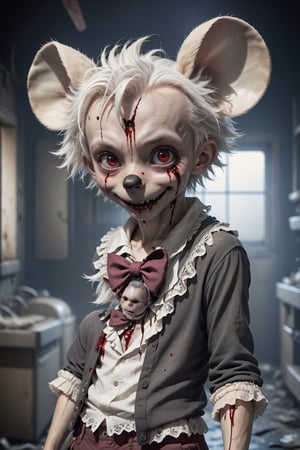 masterpiece, (photorealistic:1.4),creepy mickey mouse with knife and blood, look at camera in dark room,  RAW photo, 8k uhd, ((film grain)) , masterpiece, best quality, highres, 1boy, cream hair, white hair, pearl hair, lovely boy, rabbit ears, loose clothing, oversized clothing, dark red eyes, eye bags, dark circles under eyes, yami kawaii, fluffy hair, voluminous hair, skinny, slim, very skinny, androgynous, cute, creepy, short hair, horror, washed out colours, white skin, creepy, unnaturally thin, starving, eyes, eyes in background, sharp eyes, long eyelashes, under lashes, loose shorts, lace shirt, ruffled shirt, bow around neck, detailed clothing, loose cardigan, open cardigan, dripping blood, horrific, nightmare, haunted, stitches, patchwork, strings, injuries, hell, injuries on arms, self harm, cuts, black fingers, factory, abandoned, falling apart