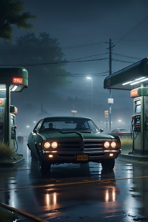 In the car on a rainy night,The protagonist returns to the car,The phone shows no signs of charging。The protagonist answers the phone,Breathing sounds and silence are heard。Completely realistic,  Full high resolution, Well made,detail-rich best quality, masterpiece, cinematic, horror, sinister, abandoned gas station, overgrown, vegetation, moist, damp, night, dark, volumetric fog