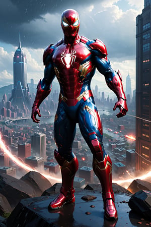 Spider-Man with Iron Man-style armor, Marvel Iron Man mixed with Spider-Man, dark, cyberpunk city, raining, right hands, ultra realistic, Unreal Engine 5, dark, ultra quality, gorgeous, beautiful, imposing pose, right hand with a cannon and plasma --auto --s2
a highly detailed matte painting of a man on a hill watching a giant alien monster, by makoto shinkai, by artgerm, by wlop, by greg rutkowski, volumetric lighting, octane render, 4k resolution, trending on artstation, masterpiece