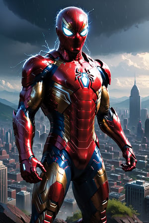 Spider-Man with Iron Man-style armor, Marvel Iron Man mixed with Spider-Man, dark, cyberpunk city, raining, right hands, ultra realistic, Unreal Engine 5, dark, ultra quality, gorgeous, beautiful, imposing pose, right hand with a cannon and plasma --auto --s2
a highly detailed matte painting of a man on a hill watching a giant alien monster, by makoto shinkai, by artgerm, by wlop, by greg rutkowski, volumetric lighting, octane render, 4k resolution, trending on artstation, masterpiece