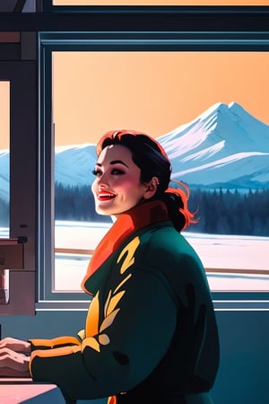 grandpa's garage during winter, anime fantasy illustration by tomoyuki yamasaki, kyoto studio, madhouse, ufotable, square enix, cinematic lighting, trending on artstation portrait of beautiful smiling woman with some freckles, snow-covered mountain landscape background by ilya kuvshinov and annie leibowitz. synthwave watercolor painting on canvas trending in artstation dramatic lighting abstract expressionism pastel shades tones (hd) golden ratio details aesthetic octane render excellent composition natural textures 8k oil paining masterpiece canon eos r4s 50