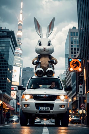 telephoto lens bokeh lights!!! epic pose!!! googly eyed giant oversized rocket battle rabbit robot chubby mech baby sport car double decker with giant oversized ears and rabbit babies ,in busy city , full body , Cinematic focus, Polaroid photo, vintage , neutral dull colors, soft lights, foggy , by oleg oprisco , by national archives, by discovery channel, by victor enrich , by gregory crewdson eccentric tumors, and how to conduct your business