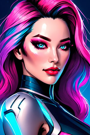 beauty woman, makeup, trending on artstation, 30mm, by Artgerm closeup, 1 girl, alone, [dark blue and pink hair: blue and pink hair : 0.2], cyberpunk, high tech, V, mechanical parts, looking at audience, black eyes, long hair, luminous laser female super tech jumpsuit, cyberpunk mechanical body parts, with tattoos, interior, luminous laser earrings. high contrast, night, black, [freckles: 0.9], reflective transparent rainbow, long hair, breasts, white skin most beautiful Korean woman's face, seductive expression, (relaxed pose: 1.5), eva, complex background, Sony a6300, extremely beautiful and gorgeous anime illustration, with cinematic perspective,(relaxed pose: 1. 5), eva, complex background, Sony a6300, extremely beautiful and gorgeous anime illustration with a cinematic perspective.