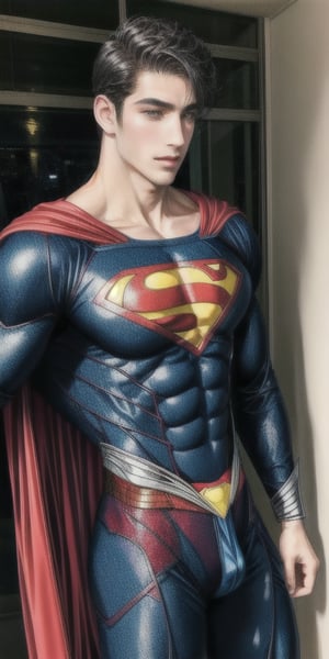 a man dressed as superman with blak hair  handsome