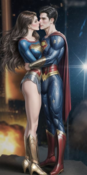 superman and wonder woman kissing while flying