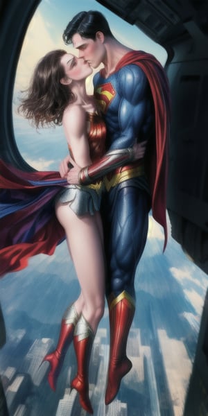 superman and wonder woman kissing while flying