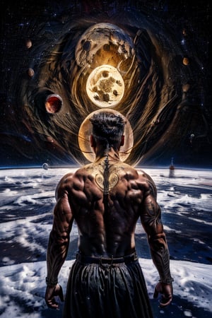 Masterpiece, detailed portrait of a godlike man with dark wings on back, ancient tattoos on body, looking at earth from outer space, powerful physique, some spots on earth are burning, moon is other side of the earth, sharp and detailed realistic portrait