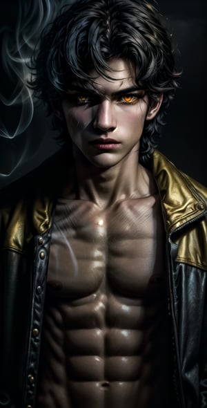 detailed potrait of Man in his 20's, lite musculer body, half_naked,  black-hair, golden-yellow eyes, smoke coming out of his body, cold face expression,  detailed_background, explorers_of_darkness, fantasy, ,fate/stay background