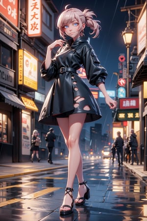White skin,full body beautiful detailed eyes,looking at viewer,stunningly beautiful woman,detailed hairstyle,realistic_detailed_skin_texture,good hands,good feet,8k,RAW photo,best quality,ultra high res,photon mapping,radiosity,physically-based rendering, professional soft lighting,light on face, akatsuki outfit,extra hands, black sandals,best quality,raining night city background,mechanical city,Pamela dress,portrait,1 girl,attack pose,3d,(kobeni)