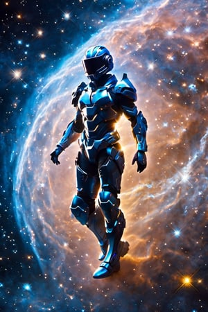 a man with his arms crossed, futuristic full armor, has a helmet with a visor that reflects space with stars and galaxies, no face only mask