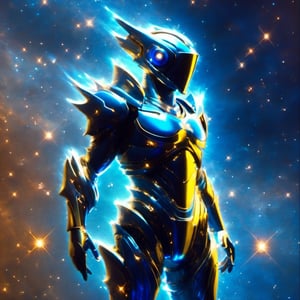 A man with his arms crossed, wearing futuristic full battle armor. He has a helmet with a ((visor screen that covers his entire face)) ((reflecting space with stars and galaxies)). The armor is metallic multicolor with faintly glowing blue details.

On the chest it bears the symbol of a (dragon). Large reinforced shoulder pads protect his shoulders. Armored gauntlets and vambraces cover his arms, also with (dragon) motifs. He also wears greaves and sabatons that protect the legs.

At the waist he has a tactical belt with several compartments to carry ammunition and other battle supplies. Heavy boots with reinforced soles complete the armor. (The full enclosed helmet visor screen) reflects the deep space stars. (The intricate dragon-themed full armor) gives him a powerful and imposing look, ready for combat.,galaxy00