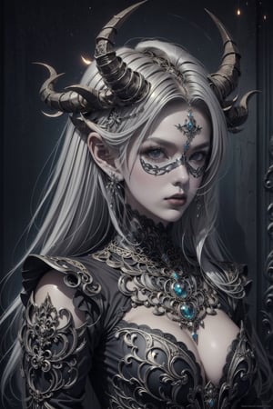 Beautiful photorealistic color image of 1girl, (long intricate horns), a sister clad in gothic punk attire, face concealed behind a striking masquerade mask,themed,photorealistic,Masterpiece,Realistic,dark fantasy, ((Kobeni Higashiyama))