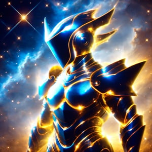 A man with his arms crossed, wearing futuristic full battle armor. He has a helmet with a ((visor screen that covers his entire face)) ((reflecting space with stars and galaxies)). The armor is metallic multicolor with faintly glowing blue details.

On the chest it bears the symbol of a (dragon). Large reinforced shoulder pads protect his shoulders. Armored gauntlets and vambraces cover his arms, also with (dragon) motifs. He also wears greaves and sabatons that protect the legs.

At the waist he has a tactical belt with several compartments to carry ammunition and other battle supplies. Heavy boots with reinforced soles complete the armor. (The full enclosed helmet visor screen) reflects the deep space stars. (The intricate dragon-themed full armor) gives him a powerful and imposing look, ready for combat., ((no face showing))