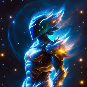 A man with his arms crossed, wearing futuristic full battle armor. He has a helmet with a ((visor screen that covers his entire face)) ((reflecting space with stars and galaxies)). The armor is metallic multicolor with faintly glowing blue details.

On the chest it bears the symbol of a (dragon). Large reinforced shoulder pads protect his shoulders. Armored gauntlets and vambraces cover his arms, also with (dragon) motifs. He also wears greaves and sabatons that protect the legs.

At the waist he has a tactical belt with several compartments to carry ammunition and other battle supplies. Heavy boots with reinforced soles complete the armor. (The full enclosed helmet visor screen) reflects the deep space stars. (The intricate dragon-themed full armor) gives him a powerful and imposing look, ready for combat., ((no face showing))