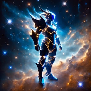 A man with his arms crossed, wearing futuristic full battle armor. He has a helmet with a ((visor screen that covers his entire face)) ((reflecting space with stars and galaxies)). The armor is metallic multicolor with faintly glowing blue details.

On the chest it bears the symbol of a (dragon). Large reinforced shoulder pads protect his shoulders. Armored gauntlets and vambraces cover his arms, also with (dragon) motifs. He also wears greaves and sabatons that protect the legs.

At the waist he has a tactical belt with several compartments to carry ammunition and other battle supplies. Heavy boots with reinforced soles complete the armor. (The full enclosed helmet visor screen) reflects the deep space stars. (The intricate dragon-themed full armor) gives him a powerful and imposing look, ready for combat.
