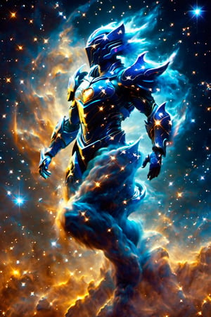A man with his arms crossed, wearing futuristic full battle armor. He has a helmet with a ((visor screen that covers his entire face)) ((reflecting space with stars and galaxies)). The armor is metallic multicolor with faintly glowing blue details.

On the chest it bears the symbol of a (dragon). Large reinforced shoulder pads protect his shoulders. Armored gauntlets and vambraces cover his arms, also with (dragon) motifs. He also wears greaves and sabatons that protect the legs.

At the waist he has a tactical belt with several compartments to carry ammunition and other battle supplies. Heavy boots with reinforced soles complete the armor. (The full enclosed helmet visor screen) reflects the deep space stars. (The intricate dragon-themed full armor) gives him a powerful and imposing look, ready for combat.