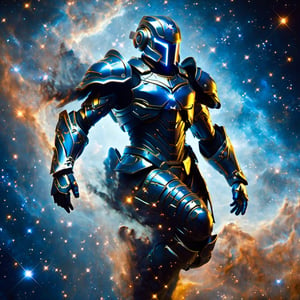 A man with his arms crossed, wearing futuristic full battle armor. He has a helmet (with a visor that reflects space with stars and galaxies). The armor is metallic multicolor with faintly glowing blue details.

On the chest it bears the symbol of an eagle (with wings spread out). Large reinforced shoulder pads protect his shoulders. Armored gauntlets and vambraces cover his arms. He also wears greaves and sabatons that protect the legs.

At the waist he has a tactical belt with several compartments to carry ammunition and other battle supplies. Heavy boots with reinforced soles complete the armor. (Under the helmet) his face is not seen, only a black mask that reflects the deep space stars. (The full armor) gives him a powerful and imposing look, ready for combat.