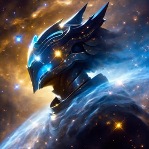 A man with his arms crossed, wearing futuristic full battle armor. He has a stylized helmet with a (visor screen that covers his entire face) ((reflecting space with stars and galaxies)). The armor is metallic multicolor with faintly glowing blue details.

On the chest it bears the symbol of a (dragon). Large reinforced shoulder pads protect his shoulders. Armored gauntlets and vambraces cover his arms, also with (dragon) motifs. He also wears greaves and sabatons that protect the legs.

At the waist he has a tactical belt with several compartments to carry ammunition and other battle supplies. Heavy boots with reinforced soles complete the armor. The helmet has small (horns) on either side and has a clean, streamlined look without exaggerated features.

((The full enclosed helmet visor screen)) reflects the deep space stars. (The intricate dragon-themed full armor) gives him a powerful and imposing look, ready for combat.