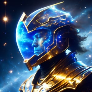 A man with his arms crossed, wearing futuristic full battle armor. He has a helmet with a ((visor screen that covers his entire face)) ((reflecting space with stars and galaxies)). The armor is metallic multicolor with faintly glowing blue details.

On the chest it bears the symbol of a (dragon). Large reinforced shoulder pads protect his shoulders. Armored gauntlets and vambraces cover his arms, also with (dragon) motifs. He also wears greaves and sabatons that protect the legs.

At the waist he has a tactical belt with several compartments to carry ammunition and other battle supplies. Heavy boots with reinforced soles complete the armor. (The full enclosed helmet visor screen) reflects the deep space stars. (The intricate dragon-themed full armor) gives him a powerful and imposing look, ready for combat.,galaxy00